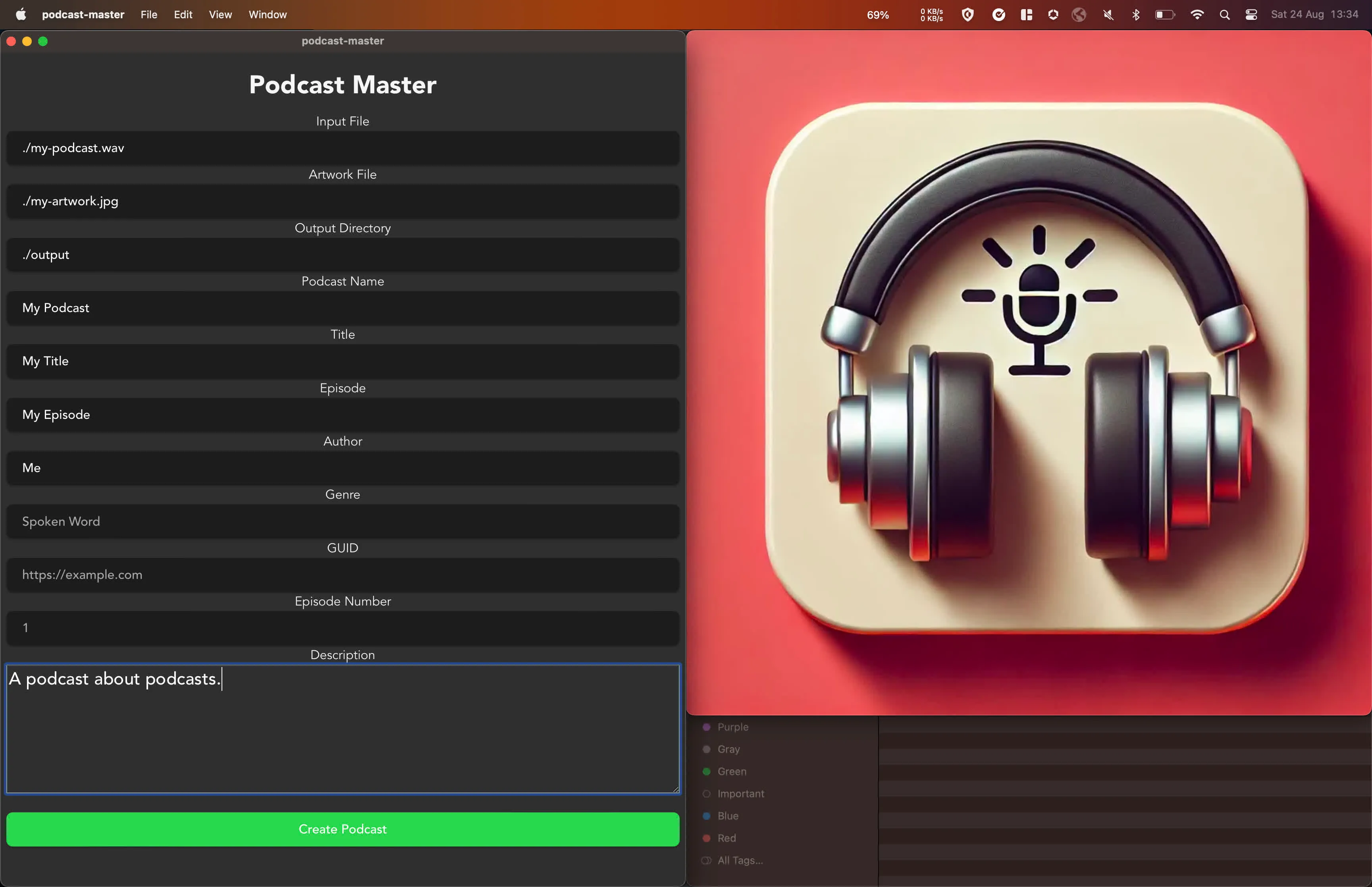Podcast Master processing interface showing audio waveform and export options